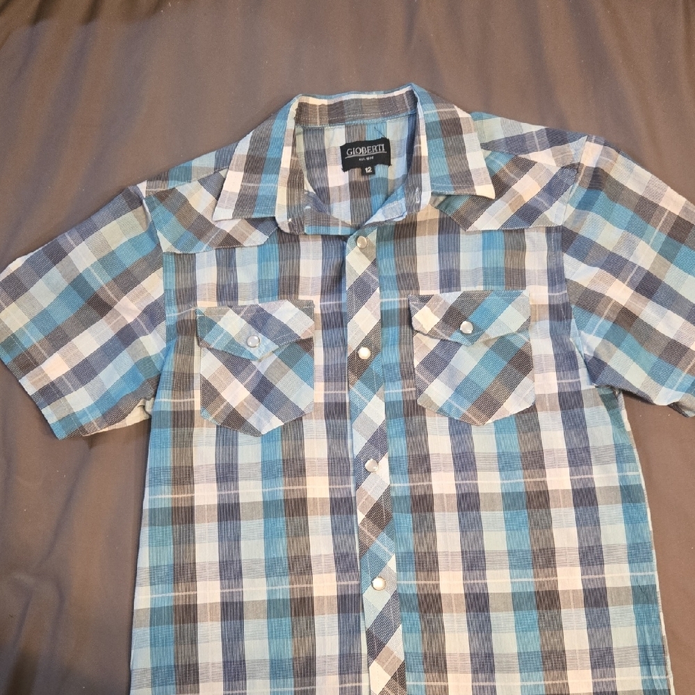 Gioberti Boys Blue Plaid Button-Down Shirt